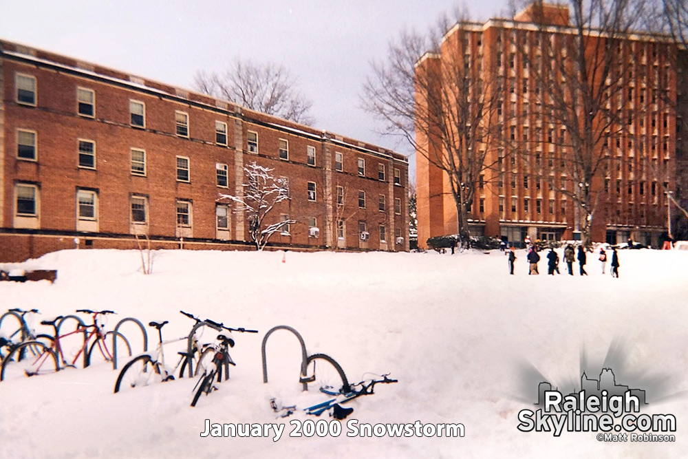 Bikes at NCSU in 22 inches of snow in Raleigh January 25, 2000