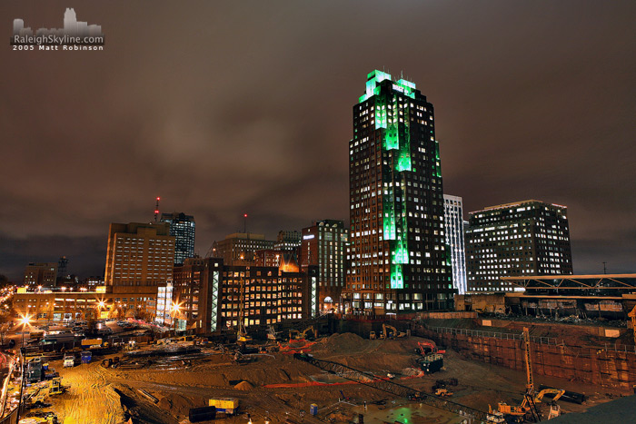 Downtown Raleigh seems to hover over the vast construction site for the new Convention Center. 