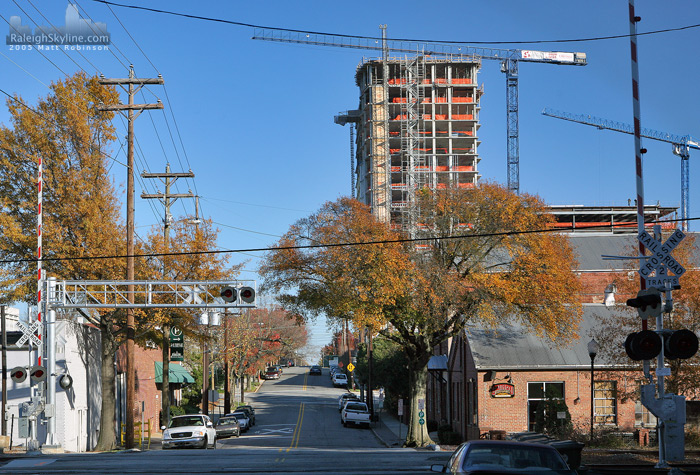 The Quorum Center rises over the South End Brewery on West Jones Street. 