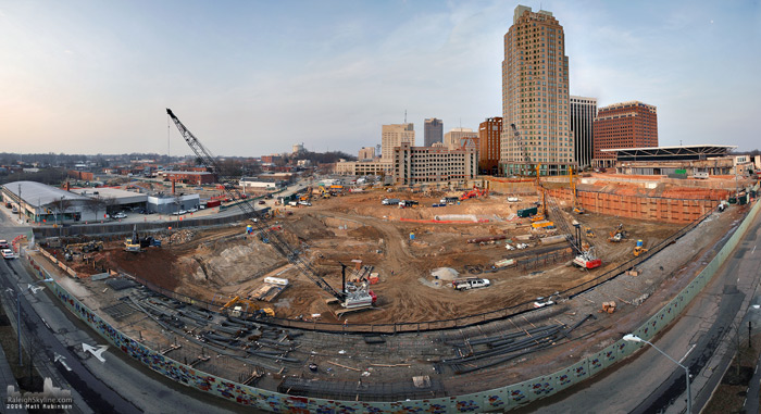 Wide overview of the new Raleigh Convention Center Construction site.