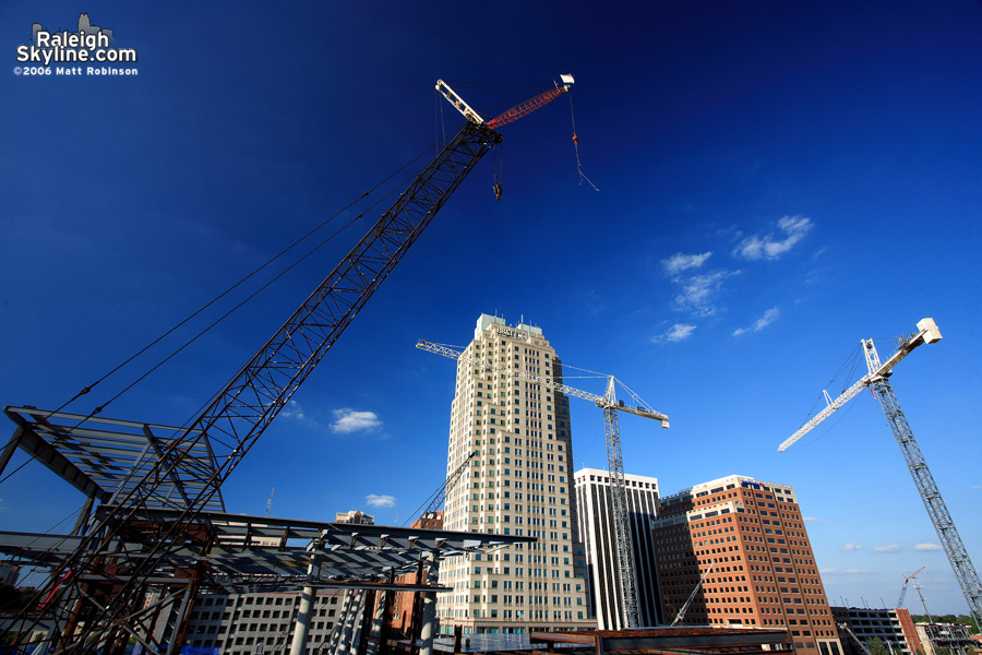 Cranes over the downtown skyline.