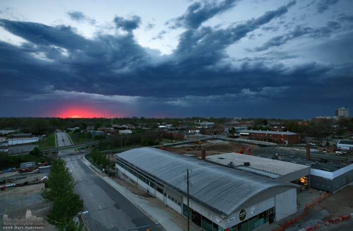 The sun eminates through the cloud base of storms on April 3 west of downtown Raleigh.