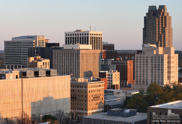 Southern end of Downtown Raleigh as seen from Aurthur's Restaurant and Lounge on top of the Clarion Hotel.