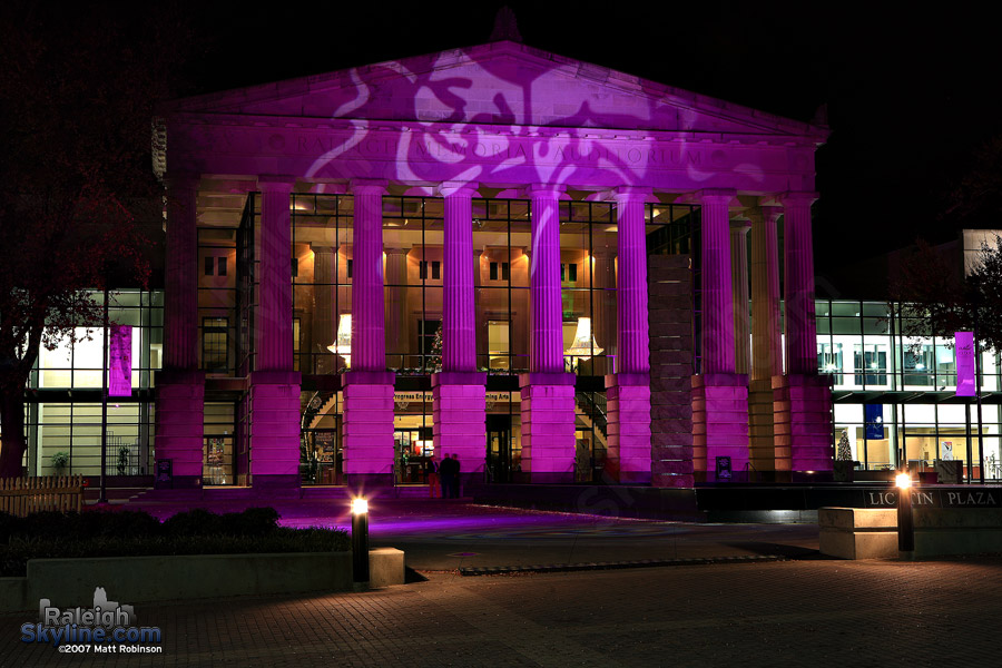 Projected images on Memorial Auditorium - Lichtin Plaza