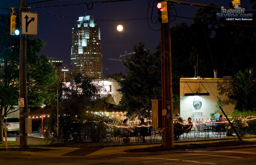 The full moon over the Moonlight Pizza Company, downtown Raleigh.