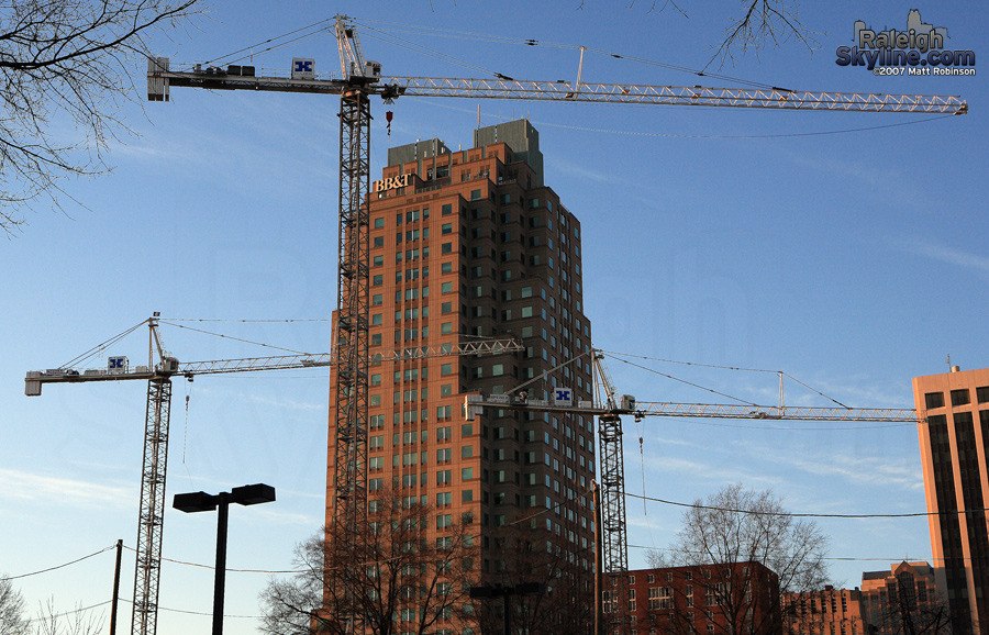 Tower cranes congregate with Two Hannover Square.