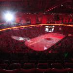 Spotlights swoosh around inside the RBC Center before a Carolina Hurricanes game.