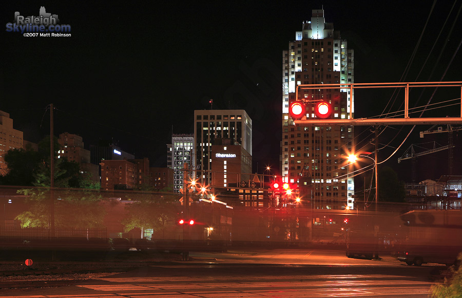 A late night train zips through Raleigh.