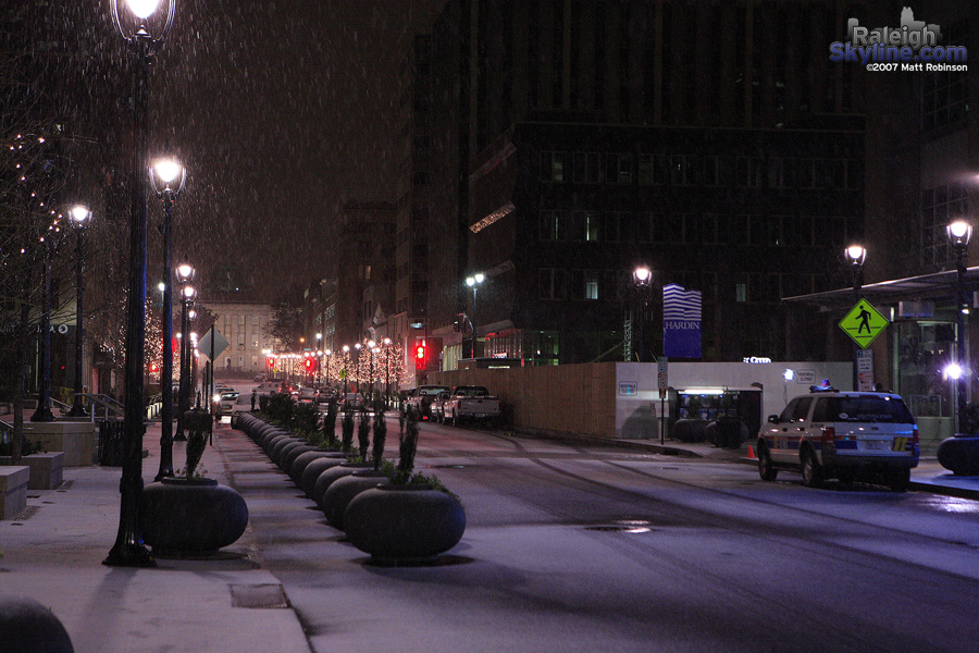 Predawn Fayetteville Street and snow.