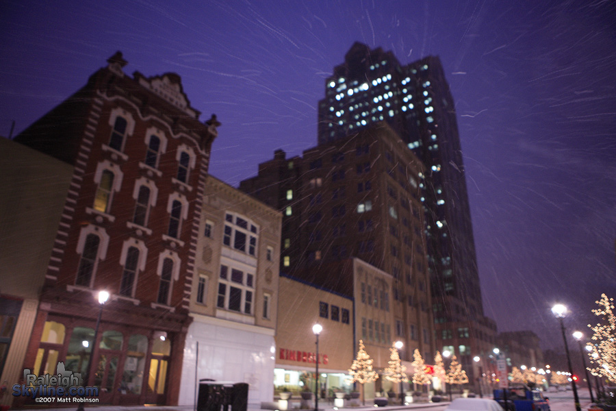 The snow fell moderately just before sunrise.