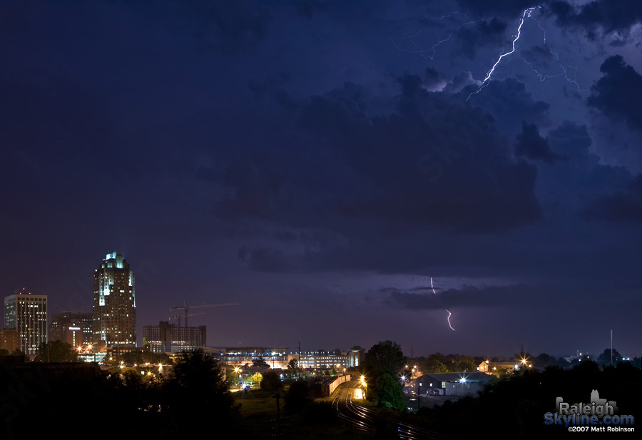 Lightning strikes one of the 2,000 foot tall towers in Clayton, NC, as seen from downtown Raleigh.