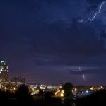 Lightning strikes one of the 2,000 foot tall towers in Clayton, NC, as seen from downtown Raleigh.