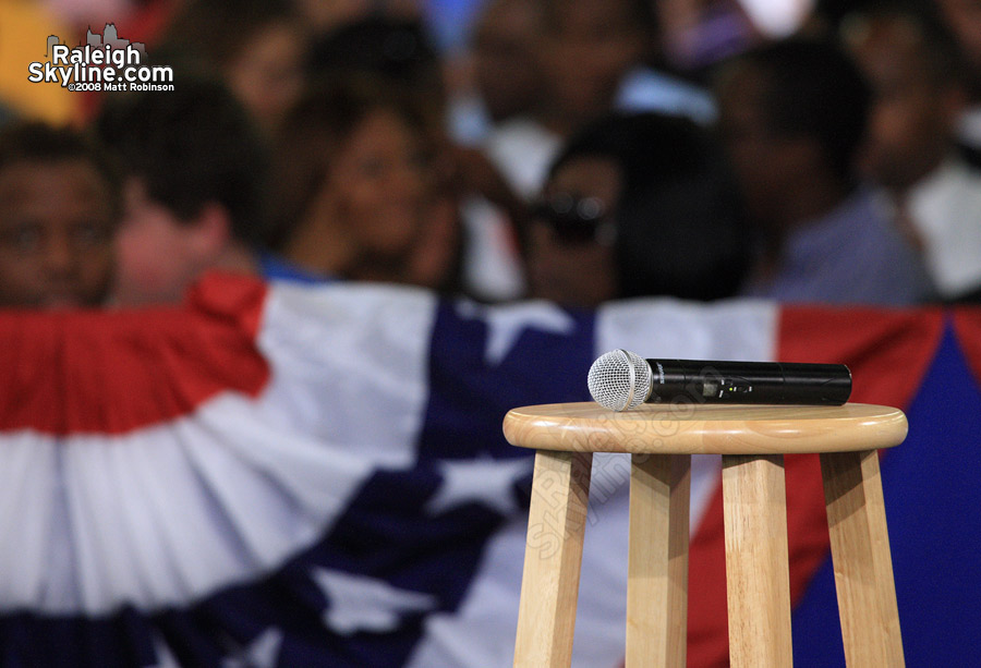 Microphone sits on stool ready for use.