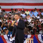 Barack Obama arrives for the Town Hall meeting in Raleigh.