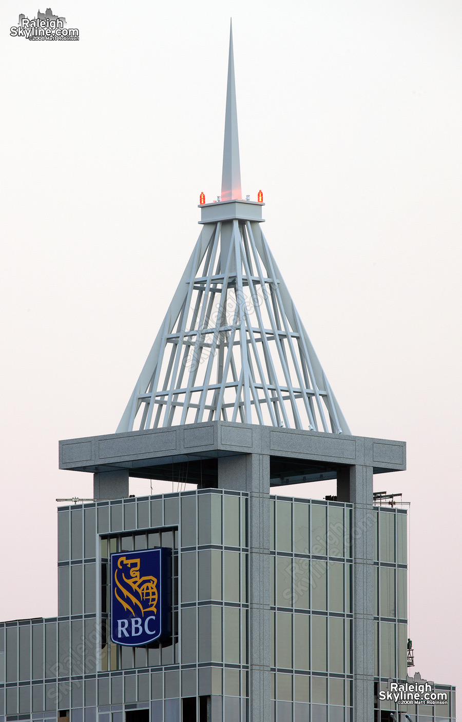 RBC Plaza spire and crown, with aircraft beacons blazing