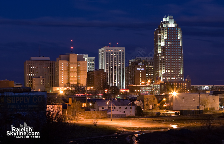 February 2006 view from Boylan Avenue with original BB&amp;T illumination, coming on before complete darkness.