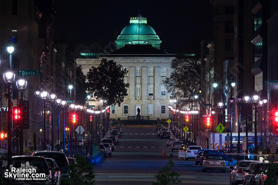 Looking north on Fayetteville street towards the NC State Capitol at night.