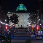 Looking north on Fayetteville street towards the NC State Capitol at night.