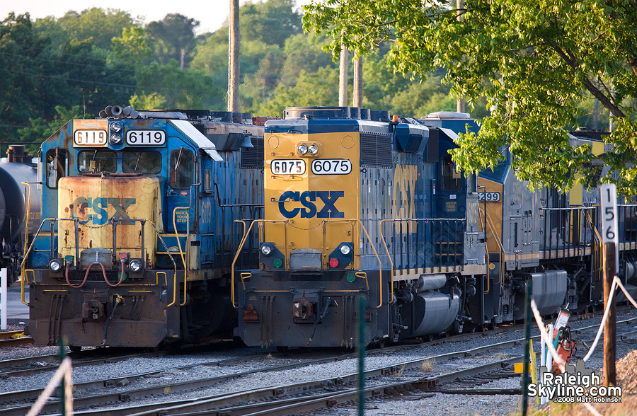 CSX locomotives keep each other company at the Raleigh yard