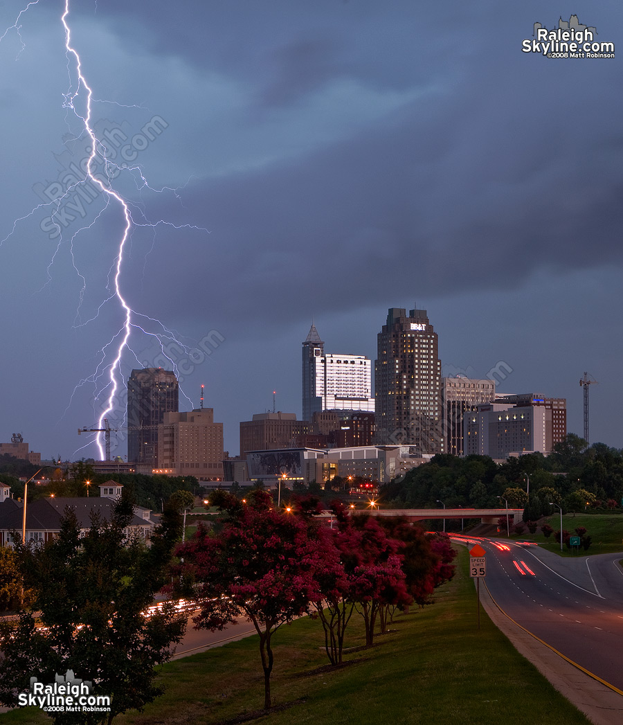 Cloud to ground lightning bolt cracks the sky over downtown Raleigh.