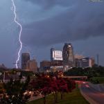 Cloud to ground lightning bolt cracks the sky over downtown Raleigh.