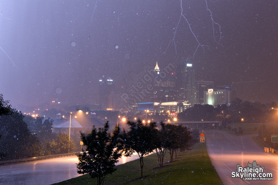 Frozen rain drops and lightning over downtown Raleigh