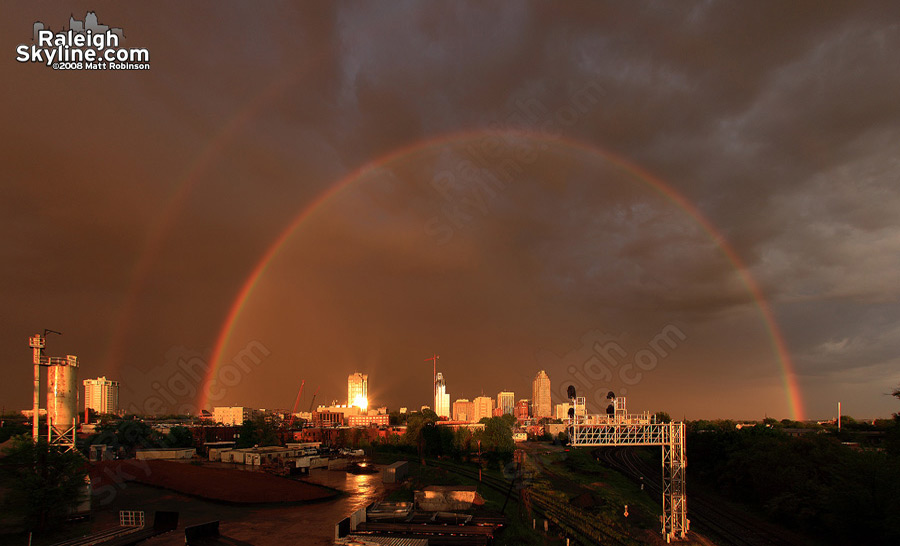 A rainbow surrounds downtown Raleigh