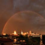 A rainbow surrounds downtown Raleigh