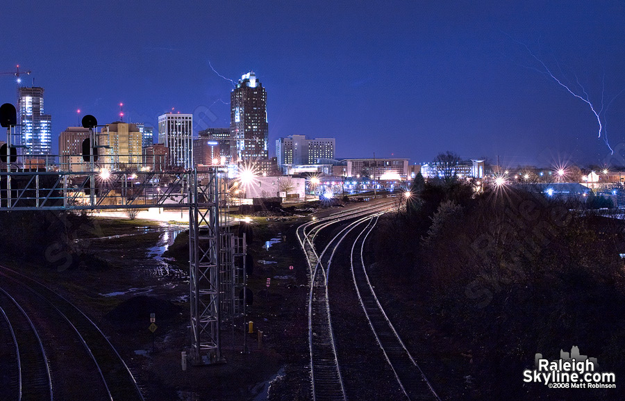 Upward moving lighting initiates at the 2,000 foot tall TV Towers near Clayton.