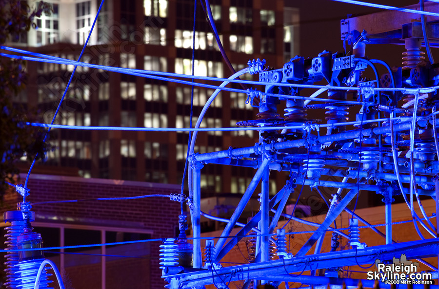 Purple lights illuminate Powerhouse Square.