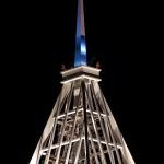 Lights on RBC Plaza's crown. LEDs will shine on the spire portion (perhaps changing color?). Red aircraft beacons have been added to two corners of the compression ring.