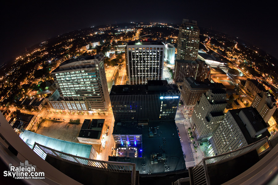 400 feet above Downtown Raleigh at night.