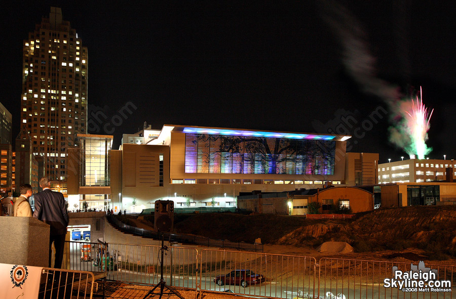 Fireworks accompany the lighting of the shimmer wall.