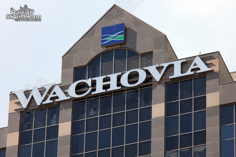 Close up of new Wachovia sign atop Raleigh's Wachovia Capitol Center.