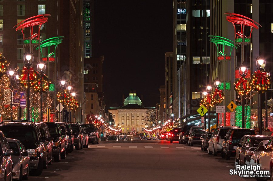 Red and Green light towers on Fayetteville Street in Downtown Raleigh