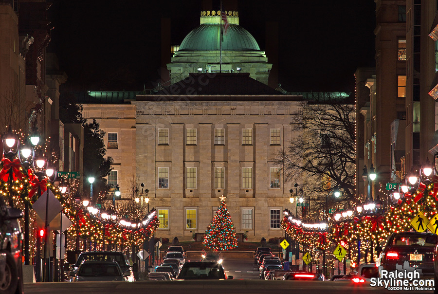 Christmas lights on Fayetteville Street with the State Capitol