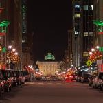 Red and Green light towers on Fayetteville Street in Downtown Raleigh