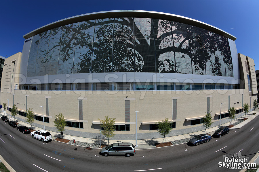 Elevated fisheye perspective of the Raleigh Convention Center along McDowell Street