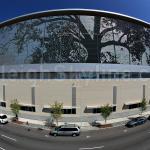 Elevated fisheye perspective of the Raleigh Convention Center along McDowell Street