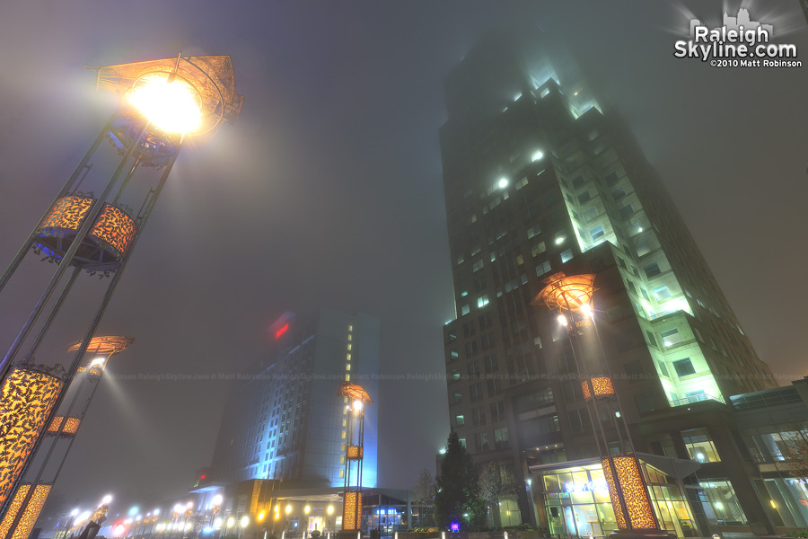 Foggy city plaza