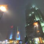 Foggy city plaza