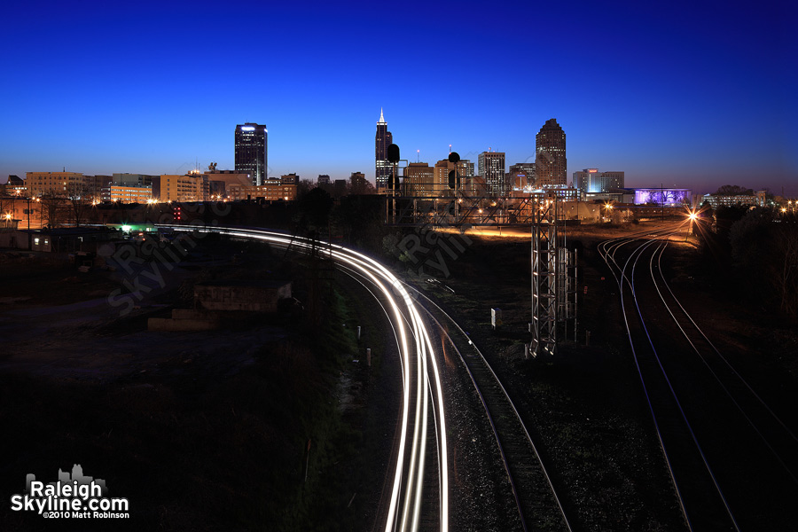 Amtrak streams under the Boylan Avenue Bridge in the predawn hours in Raleigh