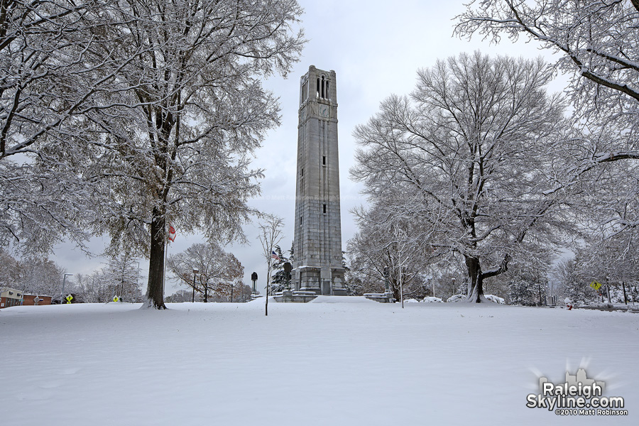 The NC State Bell Tower in the snow