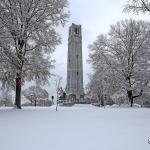 The NC State Bell Tower in the snow