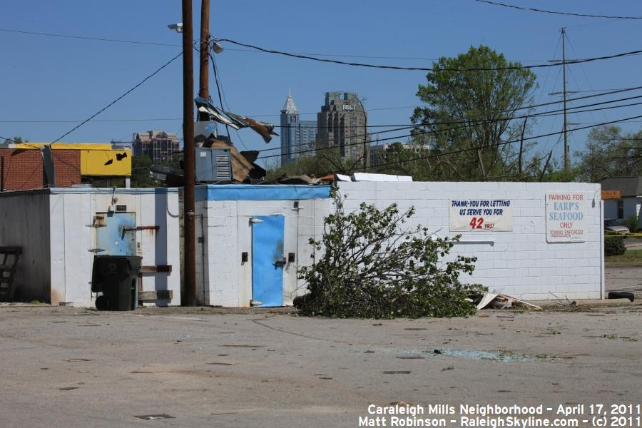 Raleigh Skyline can be seen above the damaged Earp's Seafood building