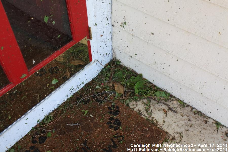 Debris gathered in the porch corner