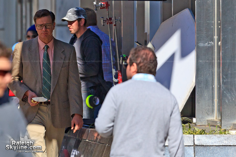 Colin Firth filming "Arthur Newman, Golf Pro" in downtown Raleigh