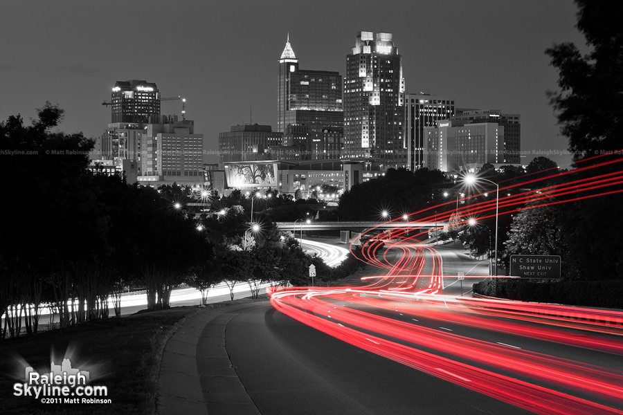 Brake lights stream into downtown Raleigh