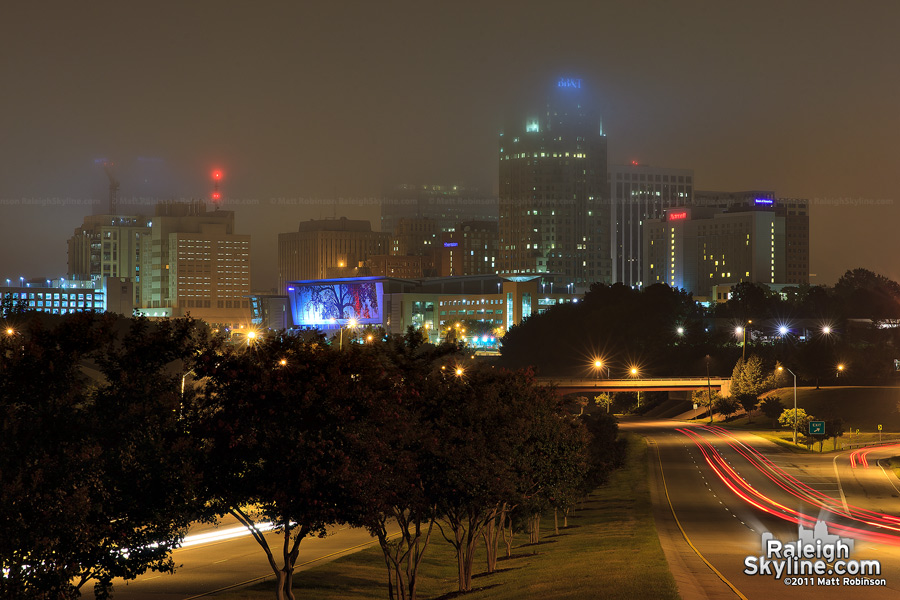 Fog partially obscures the Raleigh Skyline