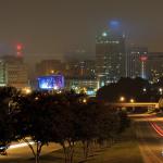 Fog partially obscures the Raleigh Skyline